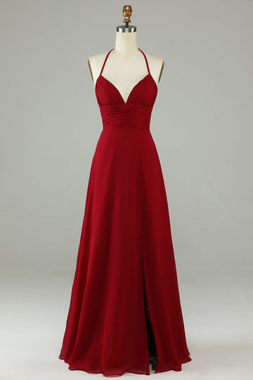 A-Line Halter Borgoña Vestido de Dama de Honor